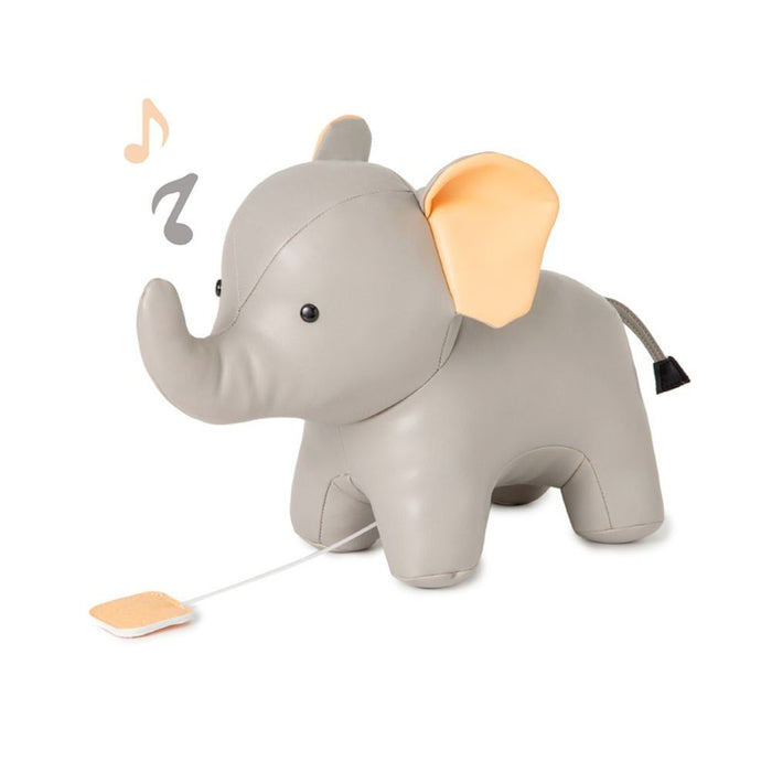 Grey faux leather elephant toy with yellow ears, a raised trunk, and a white pull-string for music.