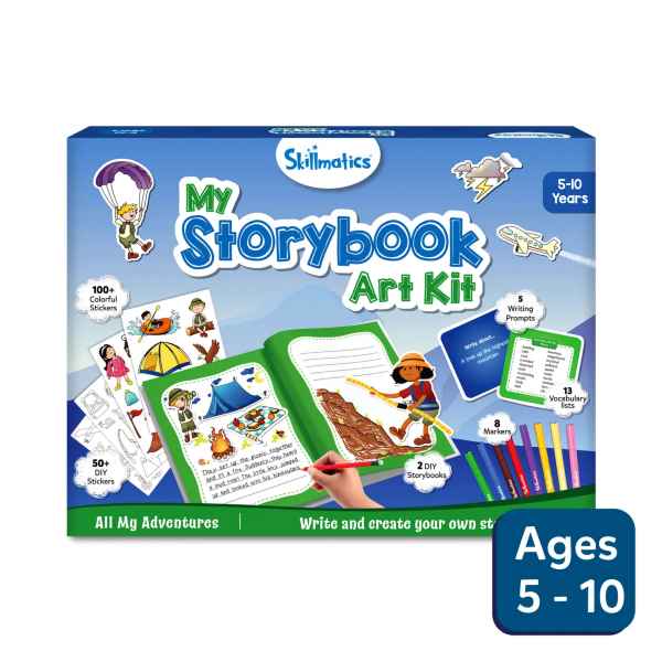 Skillmatics My Storybook Art Kit box featuring adventure stickers, markers, and an open storybook for ages 5-10.