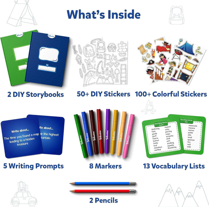 Kit contents: 2 storybooks, assorted stickers, 5 prompt cards, 8 markers, vocabulary lists, and 2 pencils.