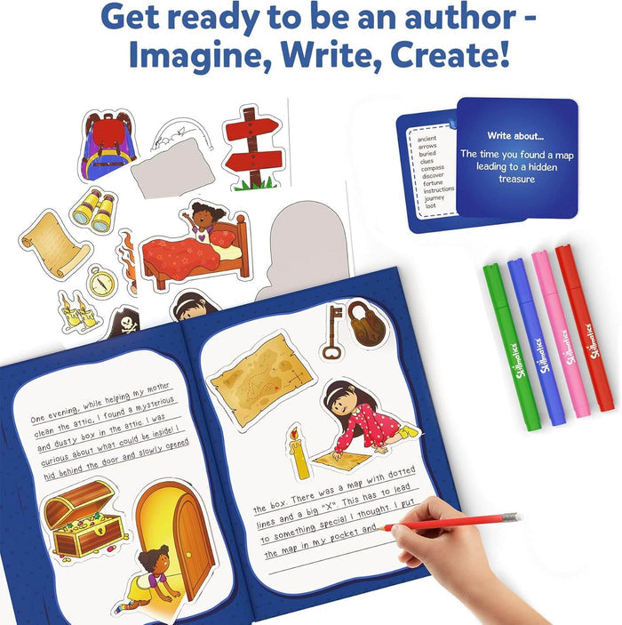 Creative storybook kit with an open journal, four colorful markers, writing prompt cards, and adventure stickers.