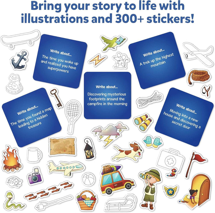 Five blue story prompt cards surrounded by colorful and outlined stickers including a car, map, dog, and binoculars.