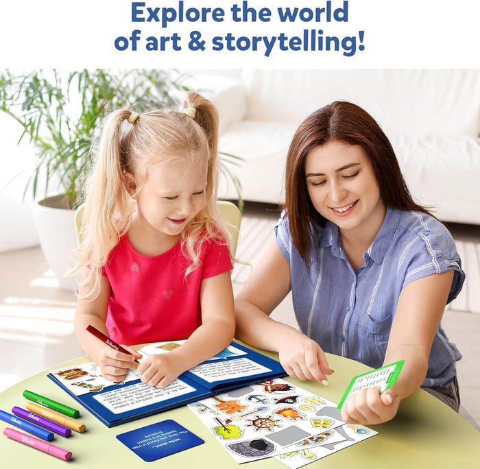 Woman and girl use a blue storybook kit with colorful markers and adventure stickers at a table.