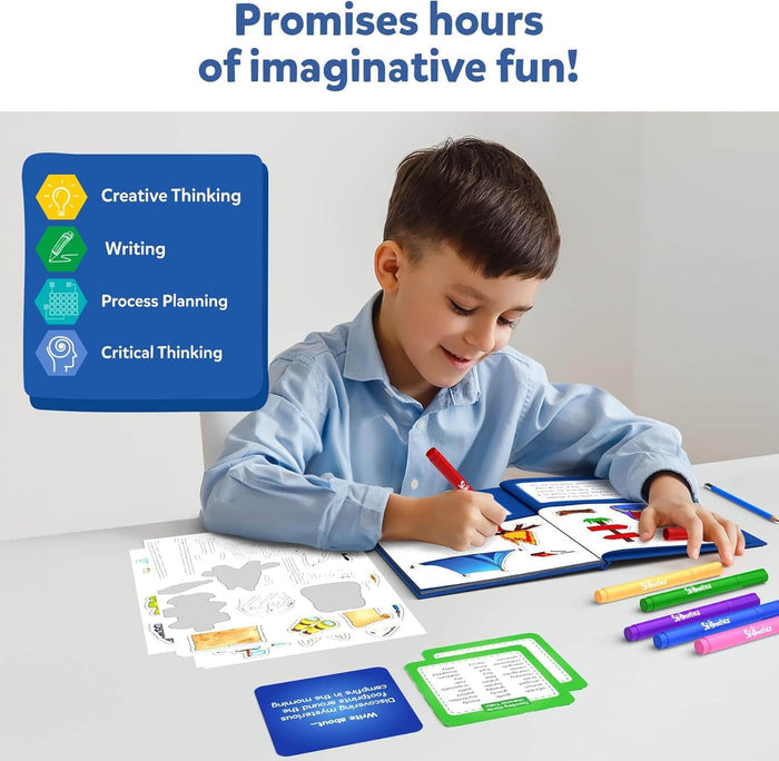 Child writing in a blue storybook kit with colorful markers and prompt cards. Side panel lists educational benefits.