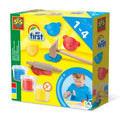 Yellow toy box showing blue, red, yellow dough tubs, wooden hammer and rolling pin, bear molds, and a toddler playing.