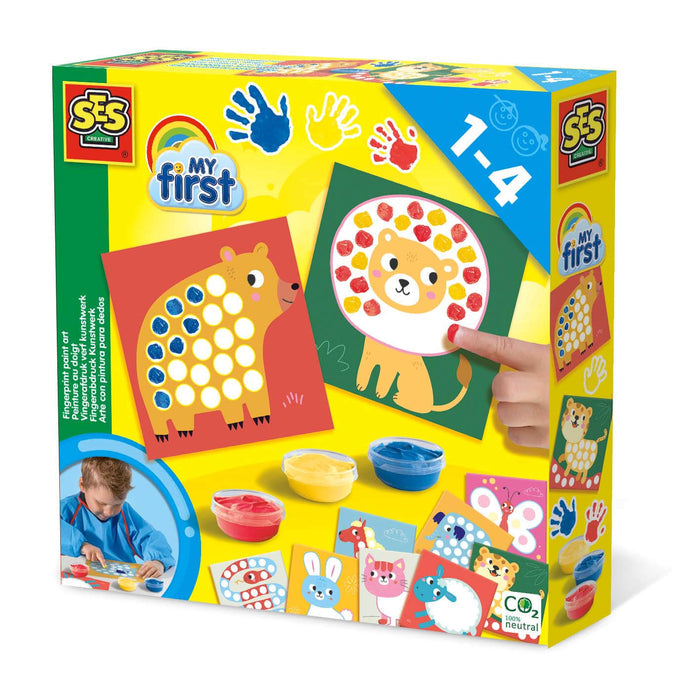SES Creative My First Fingerprint Art box with animal templates, three paint pots, and a 1-4 age label.