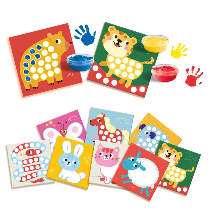 Art kit with 10 animal cards and 3 fingerpaint pots, featuring colorful characters with dotted fingerprint patterns.