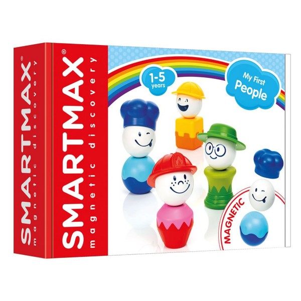 SmartMax magnetic toy box featuring four colorful, mix-and-match people figures with white heads and various hats.