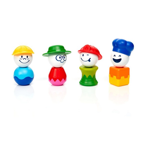 Four colorful toy people with unique faces, hats, and geometric bodies in a row on a white background.