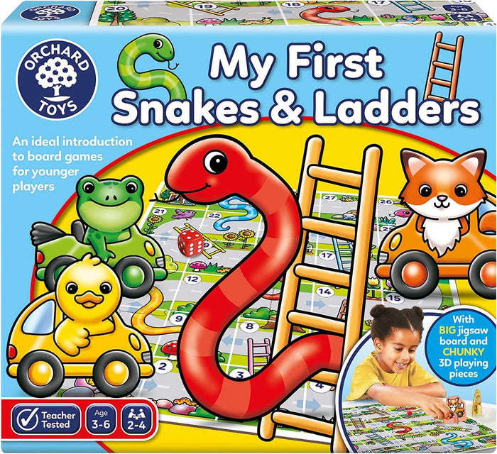 Colorful game box featuring a large red snake, wooden ladder, and cartoon animals in cars over a numbered game board.