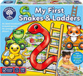 Colorful game box featuring a large red snake, wooden ladder, and cartoon animals in cars over a numbered game board.