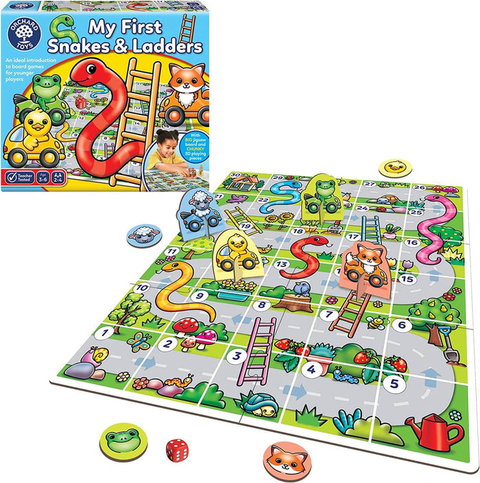 Illustrated box and colorful jigsaw board with animal character standees, a red die, snakes, and ladders.