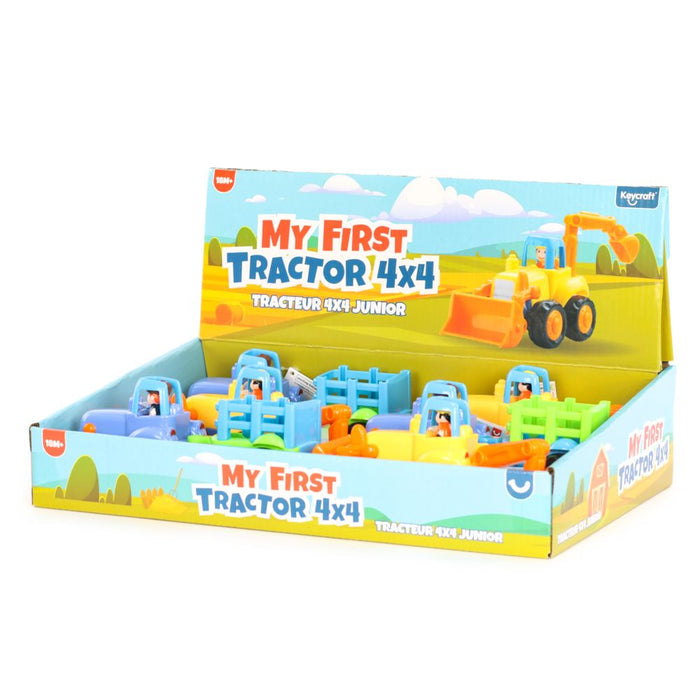 Display box of blue and yellow toy tractors with trailers, featuring small drivers and colorful farm illustrations.