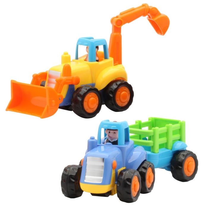 Yellow and orange toy backhoe and blue tractor with a green trailer, both with driver figures and chunky wheels.
