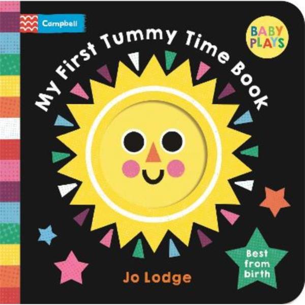 Cover of a black board book featuring a large smiling yellow sun with colourful triangular rays and stars.