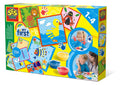 SES finger paint kit box for toddlers showing animal art cards, red, yellow, and blue paint tubs, and kids painting.