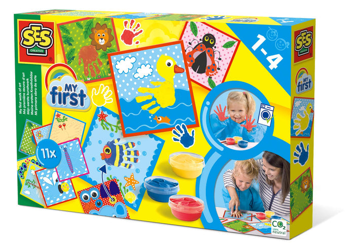 SES finger paint kit box for toddlers showing animal art cards, red, yellow, and blue paint tubs, and kids painting.