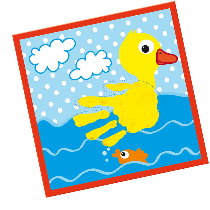 Yellow handprint duck swimming in blue water with white clouds and a red border.