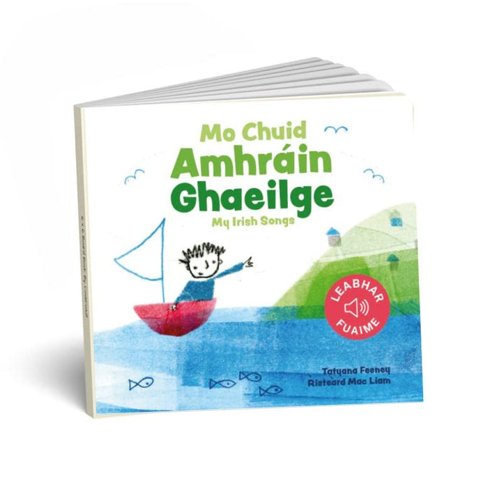 Square children's book featuring a child in a red boat on water. Green text and a red sound logo on a white cover.