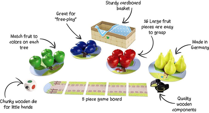 Colorful board game with wooden fruit, a cardboard basket, black bird, chunky die, and 5-piece path tile board.