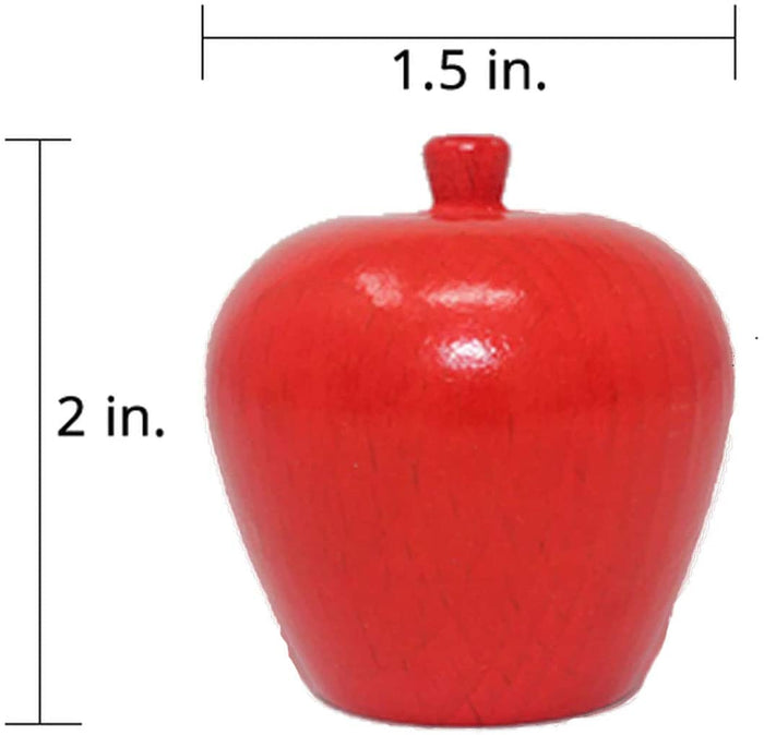 Red wooden apple game piece shown with dimensions: 2 inches high and 1.5 inches wide.