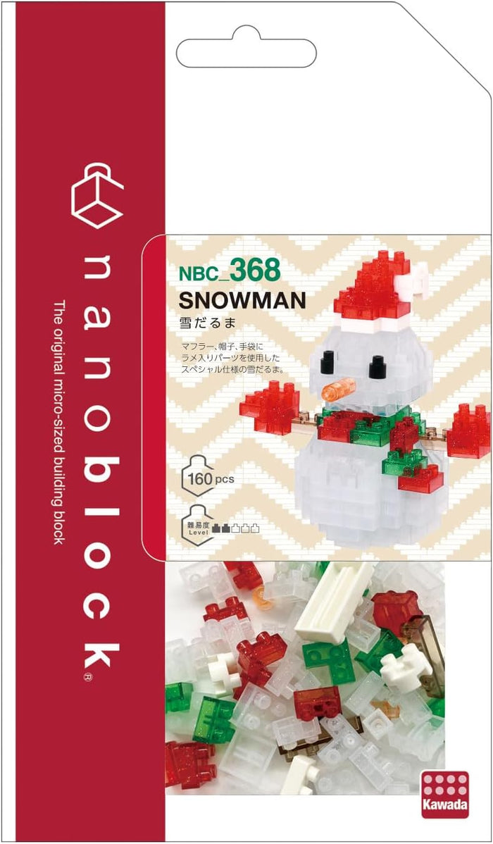 Nanoblock kit packaging featuring a translucent snowman with a red hat and scarf, plus a window of loose pieces.
