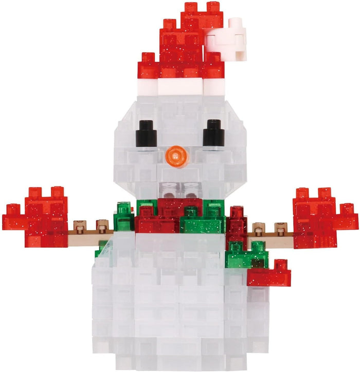 Miniature building block snowman with translucent white body, red Santa hat, green scarf, and red mittens.