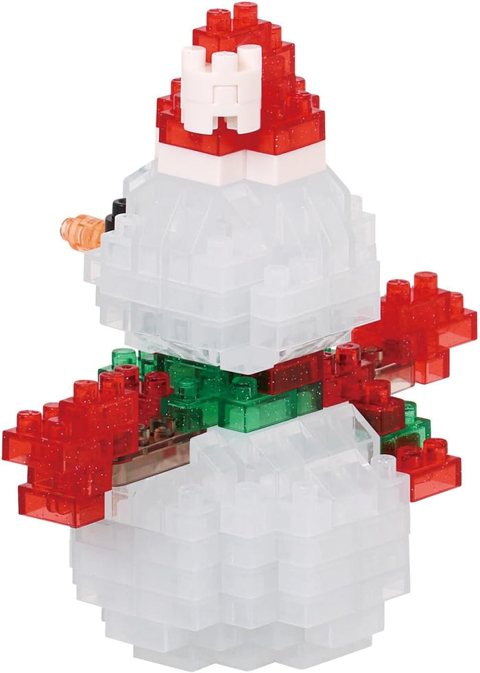 Building block snowman with translucent white body, red Santa hat, carrot nose, and a red and green scarf.