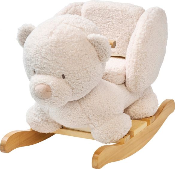 Ecru sherpa bear rocker with a padded high-back seat, safety strap, and light wood rocking base and handles.