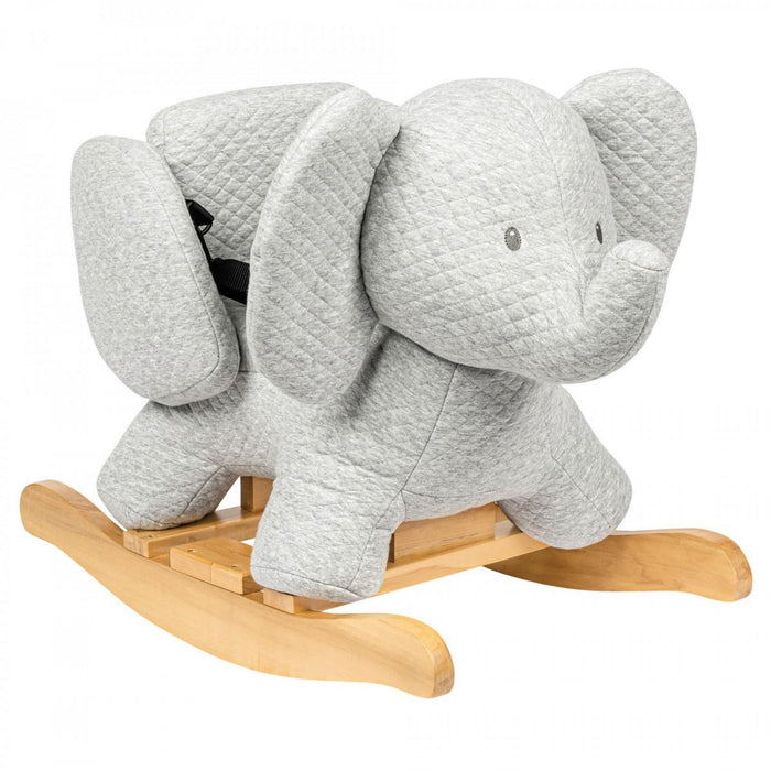 Grey quilted plush elephant rocker with a padded seat, safety harness, and light wood rockers.