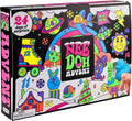 Colorful NeeDoh Advent box with neon illustrations and a hand pulling a blue duck-shaped fidget from a door.