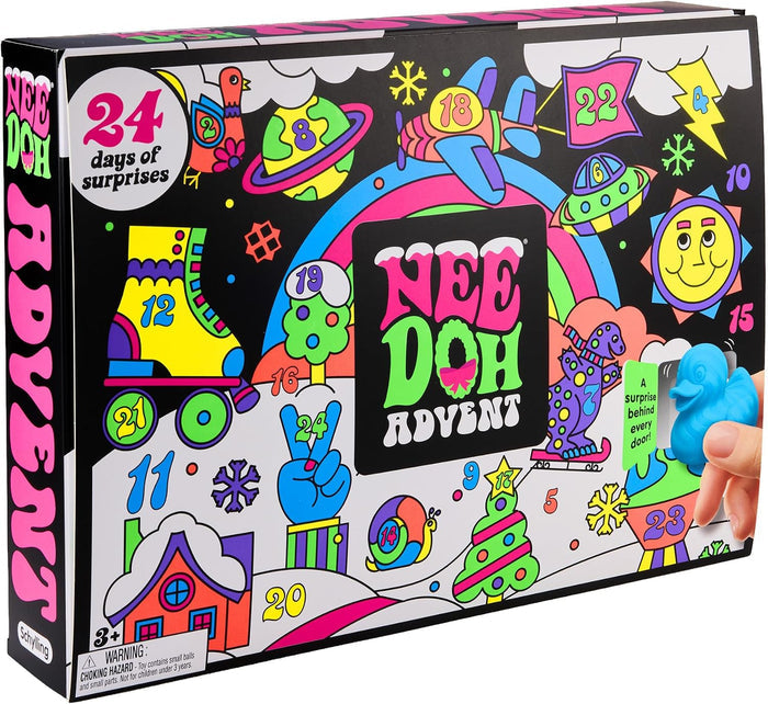Colorful NeeDoh Advent box with neon illustrations and a hand pulling a blue duck-shaped fidget from a door.