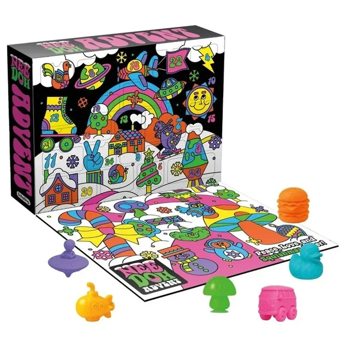 Colorful advent calendar box and mat with neon illustrations and various small squishy toys in the foreground.
