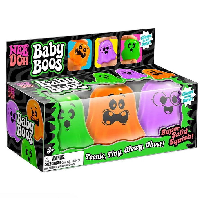 Three colorful glow-in-the-dark ghost squishy toys in green, orange, and purple in a display box.