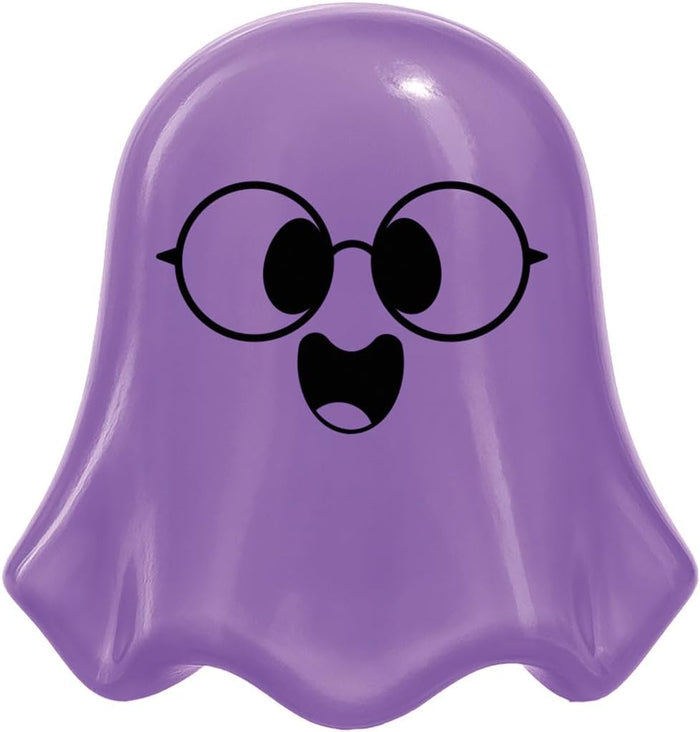 Purple ghost-shaped squishy toy with round black glasses, large oval eyes, and a wide open mouth expression.