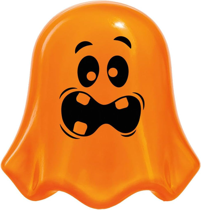 Orange ghost-shaped squishy toy with a scared face featuring large black eyes and an open mouth with teeth.