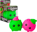 Neon green and pink cat-shaped squishy toys with knitted-pattern textures and small hats next to the product box.