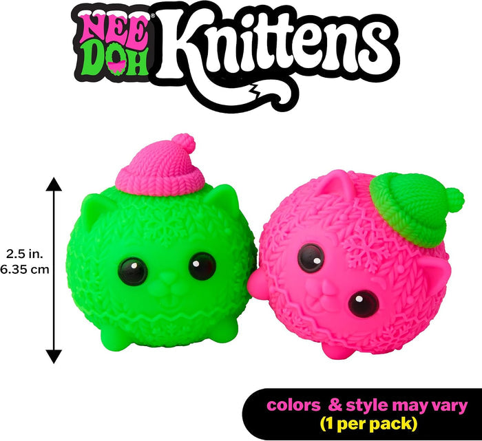 Round green and pink kitten squishies with knit sweater textures and beanie hats. Measures 2.5 inches tall.