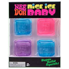 Four square, translucent squishy toys in blue, pink, and purple, packaged in a clear and black retail box.