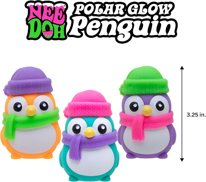 Three colorful penguin stress toys in orange, teal, and purple with winter gear. Height: 3.25 inches.