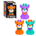 Three colorful reindeer fidget toys in purple, orange, and teal next to a decorative black holiday box.