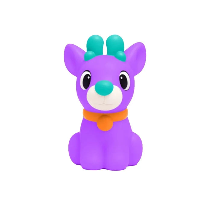 Purple reindeer toy with teal antlers and nose, white muzzle, and orange collar, sitting against a white background.