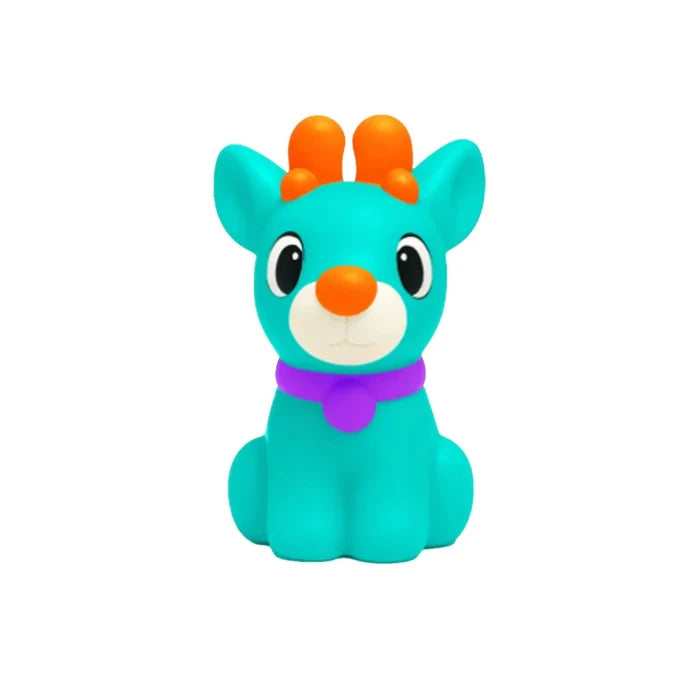 Teal reindeer toy with orange antlers, orange nose, white muzzle, and purple collar.