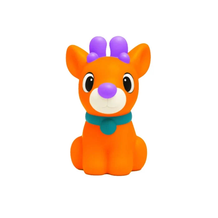 Orange squishy reindeer toy with purple antlers and nose, a white muzzle, and a teal collar.