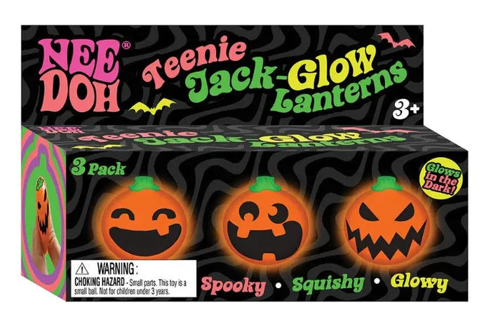 Black 3-pack box of orange squishy jack-o'-lanterns with green stems and various glowing black facial expressions.
