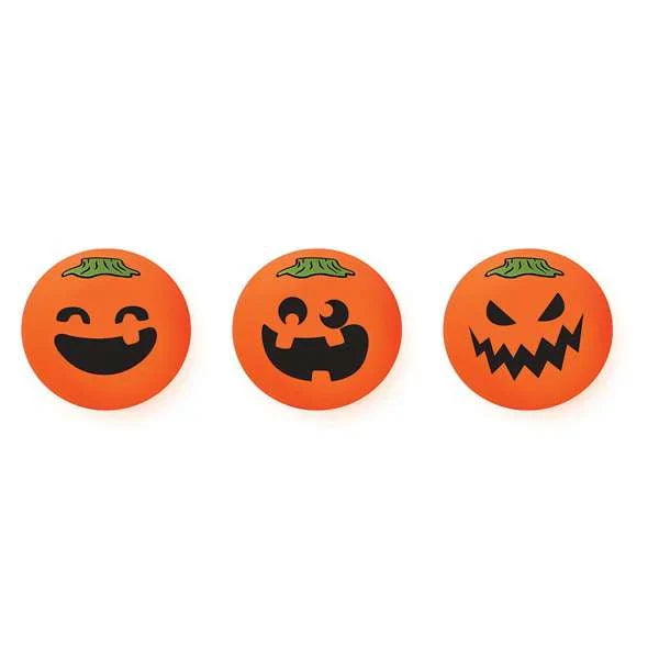 Three round orange pumpkin balls with green stems and various black Jack-o'-lantern faces.