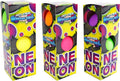Three tall yellow boxes displaying vibrant neon green, pink, purple, and yellow stress balls through circular cutouts.
