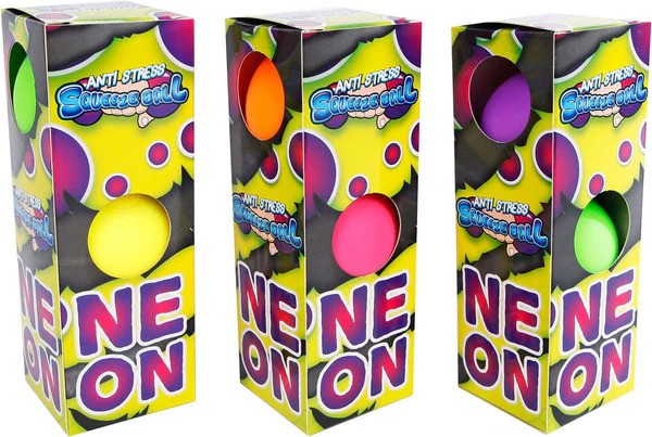 Three tall yellow boxes displaying vibrant neon green, pink, purple, and yellow stress balls through circular cutouts.