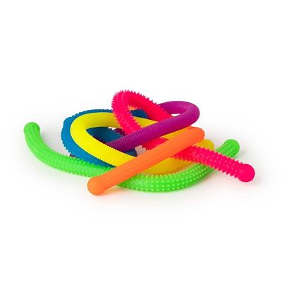 A pile of six neon green, pink, yellow, blue, purple, and orange flexible, textured noodle toys.
