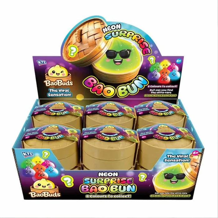 Neon Surprise Bao Bun mystery squishy dumpling toy in bamboo-style container