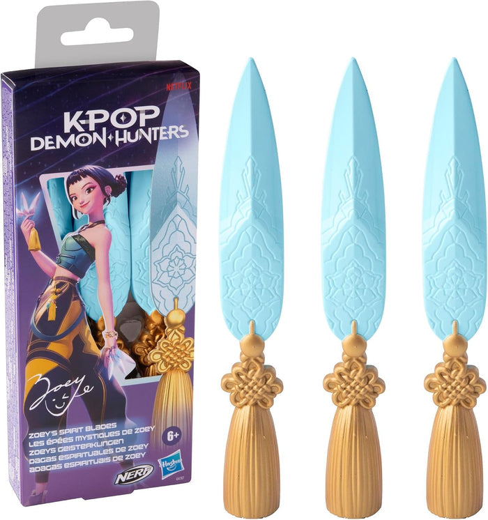 Three light blue foam blades with gold hilts and tassels next to K-Pop Demon Hunters packaging featuring Zoey.